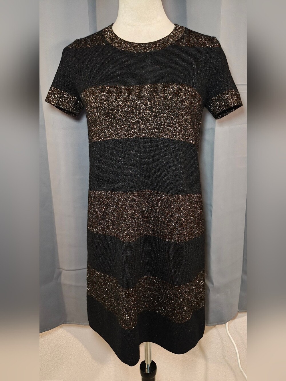 2016 Kate Spade Freyda Knit Black & Metallic Gold Striped Sweater Dress.